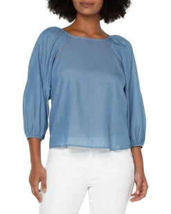 3/4 Pull Sleeve Square Neck Woven Top with Trim