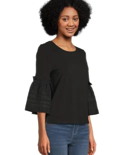 3/4 Sleeve Embroidered Knit to Woven Top