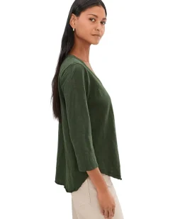 3/4 Sleeve V-Neck Tee with Curved Hem
