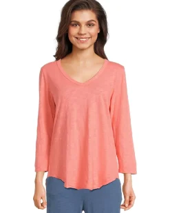 3/4 Sleeve V-Neck Tee with Curved Hem