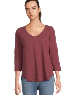 3/4 Sleeve V-Neck Tee with Curved Hem