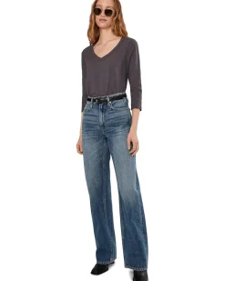 3/4 Sleeve V-Neck Tee with Curved Hem