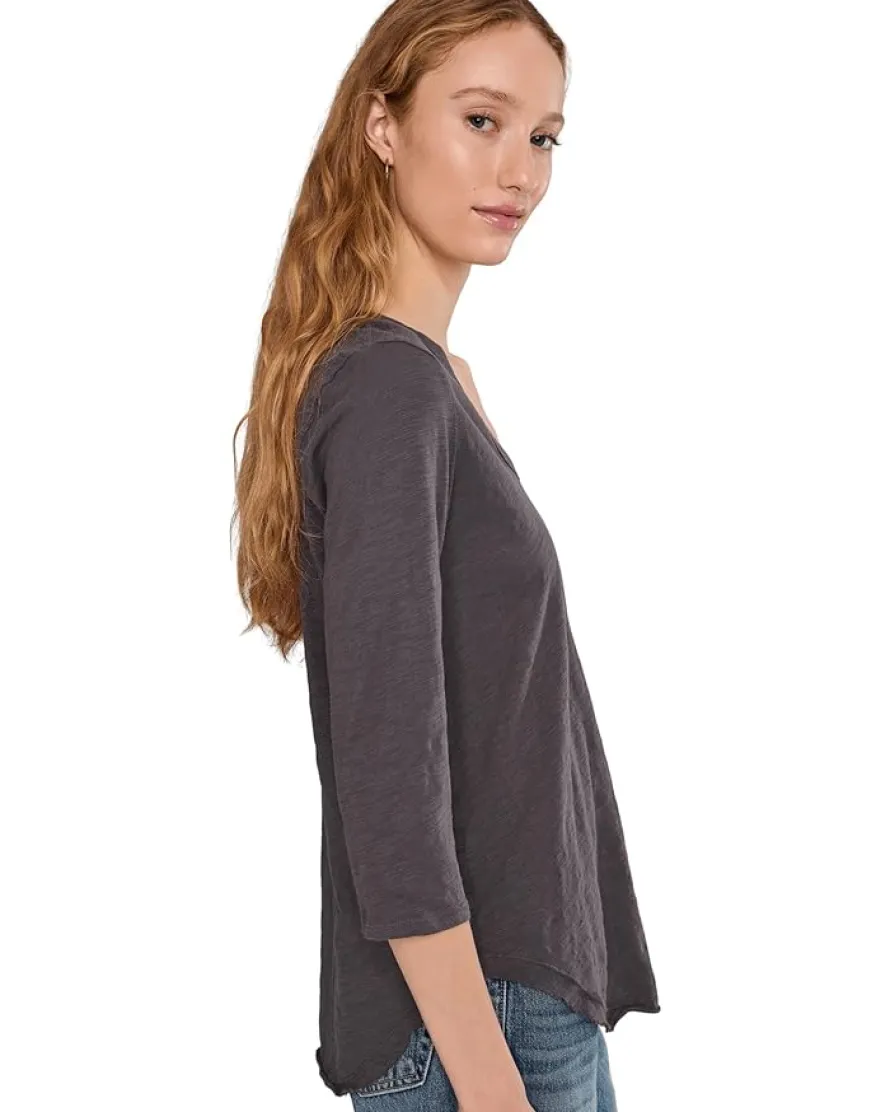 3/4 Sleeve V-Neck Tee with Curved Hem