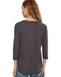 3/4 Sleeve V-Neck Tee with Curved Hem