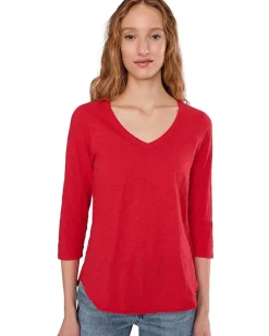 3/4 Sleeve V-Neck Tee with Curved Hem