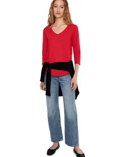 3/4 Sleeve V-Neck Tee with Curved Hem