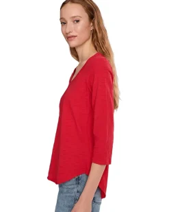 3/4 Sleeve V-Neck Tee with Curved Hem