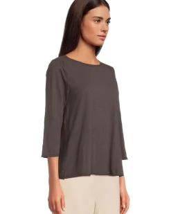 3/4 Sleeve Waffle Mix Media Open Crew Neck Tee