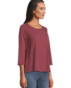 3/4 Sleeve Waffle Mix Media Open Crew Neck Tee