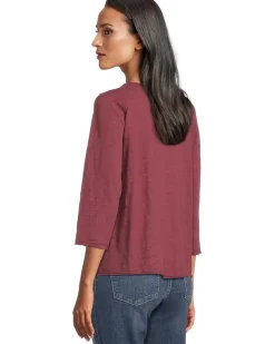 3/4 Sleeve Waffle Mix Media Open Crew Neck Tee