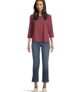 3/4 Sleeve Waffle Mix Media Open Crew Neck Tee