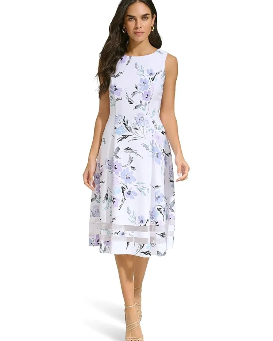 A-Line Printed Scuba Dress with Illusion Hem Detail