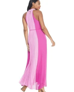 All Over Pleat Dress with Waisted Tie and High Neck