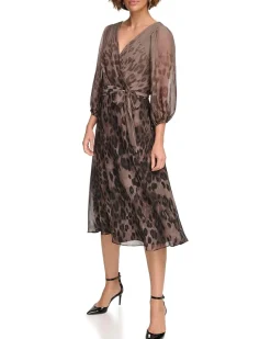 Balloon Sleeve Faux Wrap Dress