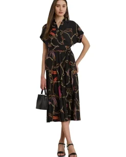 Belting-Print Belted Crepe Dress