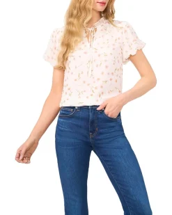 Bubble Sleeve Split Neck Blouse With Tie