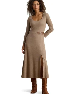 Buckle-Trim Rib-Knit Midi Dress