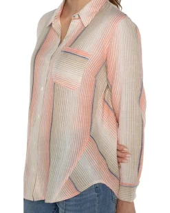 Button Front Shirt with 3/4 Sleeve Ombre Woven Stripe