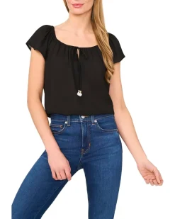 Center Front Tie Round Neckline Flutter Sleeve Top