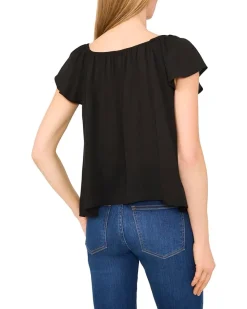 Center Front Tie Round Neckline Flutter Sleeve Top
