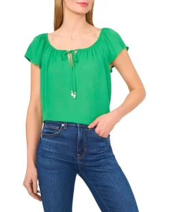 Center Front Tie Round Neckline Flutter Sleeve Top