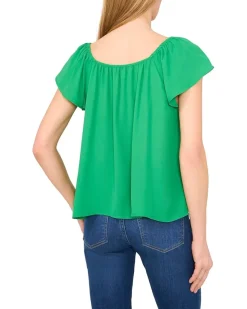 Center Front Tie Round Neckline Flutter Sleeve Top