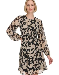 Chiffon Long Sleeve Floral Rouched Aline