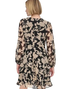 Chiffon Long Sleeve Floral Rouched Aline