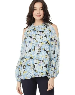 Cold-Shoulder Long Sleeve Blouse w/ Neck