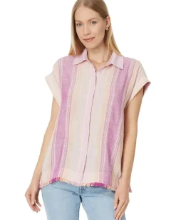 Collared Camp Shirt with Hi-Low Hem and Fray Hem