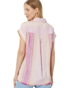 Collared Camp Shirt with Hi-Low Hem and Fray Hem