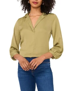 Collared V-Neck Long Sleeve Blouse