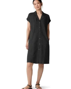 Cotton Blend Stripe Stitch Notch Collar Shirt Dress