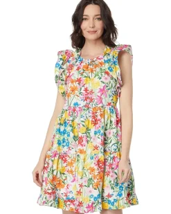 Cotton Poplin Floral Print Ruffle Sleeve Dress