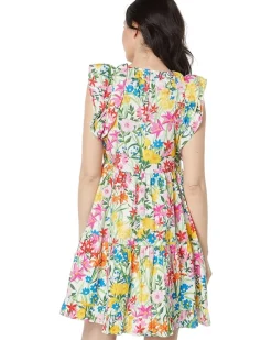 Cotton Poplin Floral Print Ruffle Sleeve Dress
