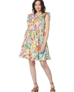 Cotton Poplin Floral Print Ruffle Sleeve Dress