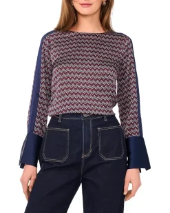 Crew Neck Extended Shoulder Long Sleeve Blouse with Wide Cuff