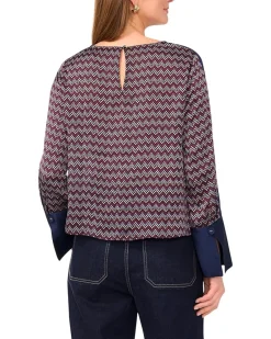 Crew Neck Extended Shoulder Long Sleeve Blouse with Wide Cuff