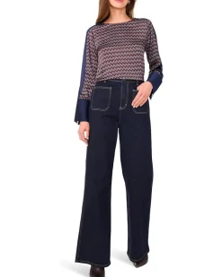 Crew Neck Extended Shoulder Long Sleeve Blouse with Wide Cuff