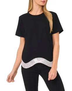 Crew Neck Top with Rhinstone Wavy Hem