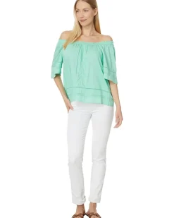 Cropped Bell Sleeve Woven Top with Lace Trim