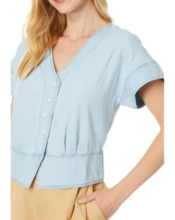 Denim Pleated Short-Sleeve Top in Doral Wash