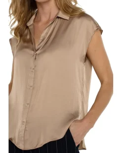 Dolman Sleeve Collared Button Front Satin Blouse