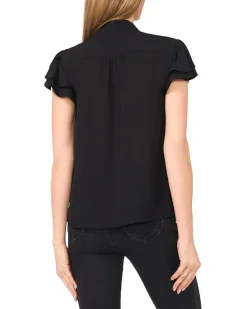 Double Flutter Short Sleeves Hidden Placket Blouse