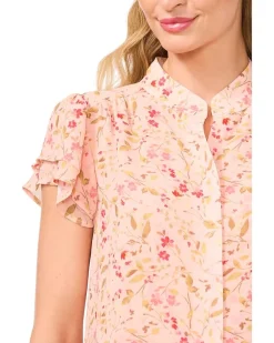 Double Flutter Short Sleeves Hidden Placket Blouse