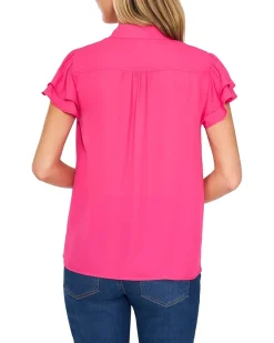 Double Flutter Short Sleeves Hidden Placket Blouse