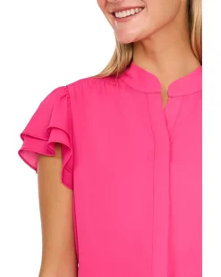 Double Flutter Short Sleeves Hidden Placket Blouse
