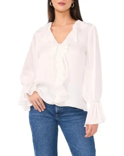 Double Ruffle Front V-Neck Blouse With Ruffle Cuffs
