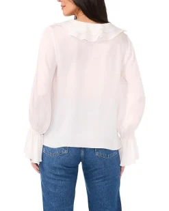 Double Ruffle Front V-Neck Blouse With Ruffle Cuffs