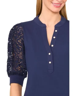 Elbow Puff Sleeve Henley Mixed Media Tee